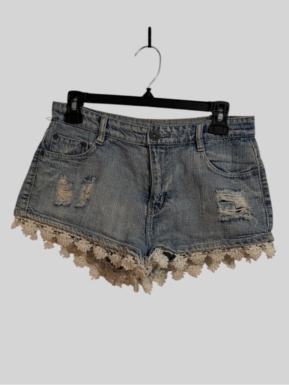 Vanilla Star Light Blue Distressed Denim Shorts with Cream Crochet Hem - Picture 1 of 5